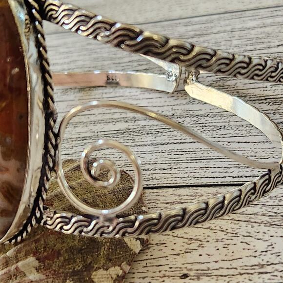 Sunset Blaze Orange Agate Wide Silver Cuff, Vibrant Sterling Silver Bracelet - Picture 6 of 10